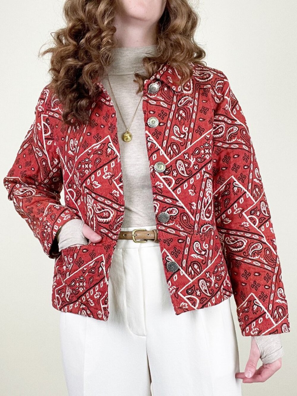 Vintage 90s Red Bandana Paisley Patchwork Tapestry Jacket Light Coat 1990's Y2K